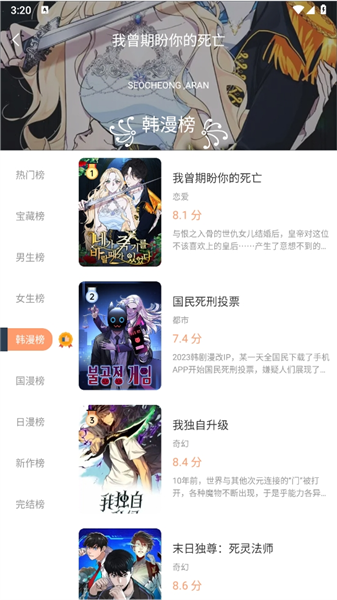 韩漫榜单与作品推荐页面